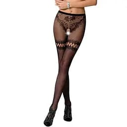 Эротические колготки-бодистокинг Passion S015 black имитация чулок в сеточку и трусиков с доступом S/M/L
