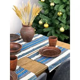 Комплект Ранер 140х30 см + салфетки 30х40 см 21 шт Рождественский льняной с украинским орнаментом Рандеву синий