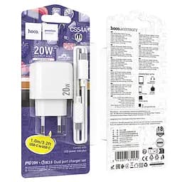 МЗП Hoco CS54A Surplus PD20W+QC3.0 (1USB-A/1C) + кабель Type-C to Type-C White - мініатюра 6