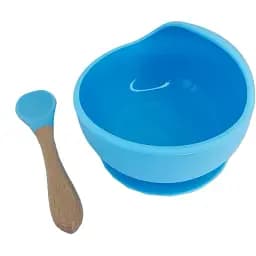 Силиконовая тарелка на присоске Mega Zayka с деревянной ложкой MGZ-0103 (Blue)