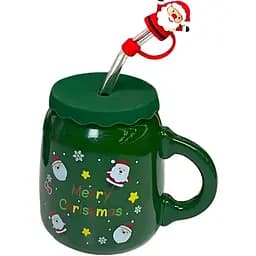 Чашка новогодняя Olens 102-1082 Санта керамика с крышкой и трубочкой 460 мл Зеленая