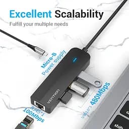 USB-хаб Vention USB-C to USB 3.0*3/RJ45/Micro-B HUB 0.15M Black ABS Type (TGPBB) - мініатюра 3