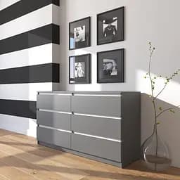 Комод Vays R-7 Антрацит-Белые планки, 6 ящиков без ручек, ЛДСП, 140×40×75 см - для дома, офиса, гостиной, спальнии