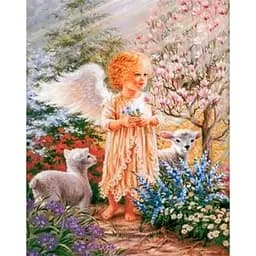 Алмазна мозаїка ікона 40 * 50 см зі стразами на підрамнику Ангелочок і ягнятко