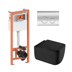 Подвесной унитаз Qtap Gemini Ultra Quiet + инсталляция Qtap Nest 4 в 1 (круглая клавиша Chrome), Черный