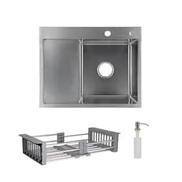 Кухонна мийка Lidz Handmade H6350L інтегрована крило зліва Brushed у комплекті з дозатором та корзиною, Нержавіюча сталь
