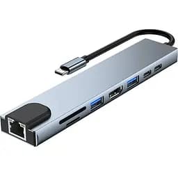 Хаб Usb GTL 8-in-1, Grey, Type-C 3.1 - 1xType-C (100 Вт) / 1xType-C 2.0 / 1xUsb 3.0 / 1xUsb 2.0 / HDMI / GLan / microSD / SD