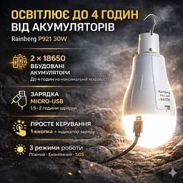 Лампочка кемпінгова Rainberg P921 30W акумуляторний, 1500 лм, холодне світло 6400K, 3 режими - мініатюра 2