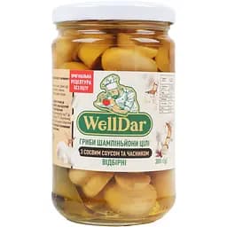 Грибы WellDar шампиньоны целые отборные с соевым соусом и чесноком 300 г