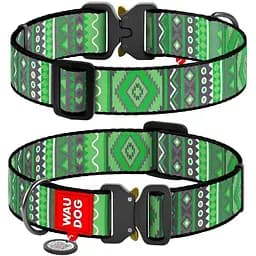 Нашийник для собак Waudog Nylon нейлоновий з QR паспортом малюнок Етно зелений Розмір XXL