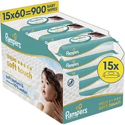 Уцінка. Дитячі вологі серветки Pampers Aqua Soft Touch 900 шт. (15 упаковок x 60 шт.) 