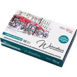 Набір акварельних фарб URBAN SKETCHING металевий пенал Бірюза 12 кольорів х 2,5 мл кювета Rosa Gallery