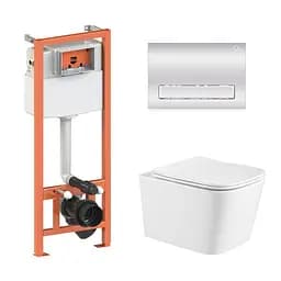 Подвесной унитаз Qtap Crow Rimless + инсталляция Qtap Nest 4 в 1 (линейная клавиша Chrome), Белый