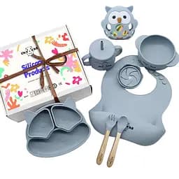 Набір силіконового дитячого посуду Cheeks для прикорму на присосках із харчового силікону блакитний з гризунком прорізувачем-брязкальцем