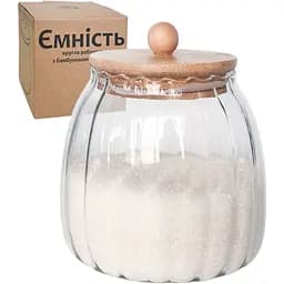 Ємність S&T кругла ребриста з бамбуковою кришкою 1 л скляна (7029-13)