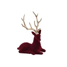 Декоративна новорічна фігура Олень 20см сидячий з флоковим покриттям та глянсовими рогами Бордо із золотим