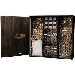 Подарочный набор виски Whiskey Stones с камнями для виски в деревянном пенале №3 + декантер и 2 стакана + щипцы + мешочек