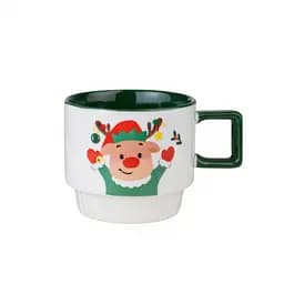 Новорічна порцелянова чашка для чаю та кави Новорічний олень 400 мл Білий з зеленим Yiwu FM-CS-50O