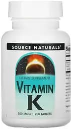 Вітаміни та мінерали Source Naturals Vitamin K 500 mcg, 200 таблеток