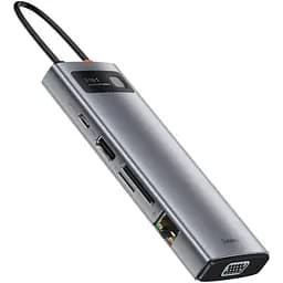 Концентратор Baseus USB3.1 Type-C to USB C(PD)100W/HDMI 4K 30Hz/VGA/USB3.2/RJ45/SD+TF,9in1 Grey (CAHUB-CU0G) - мініатюра 6
