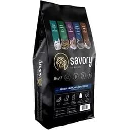 Сухой корм Savory для длинношерстных кошек со свежим лососем и белой рыбой 8 кг