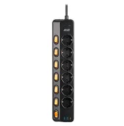 Сетевой фильтр-удлинитель 2E SP-6M-3SW-BK 3м, 6xТипF, 16A, 2xUSB-A, 1x USB-C - мініатюра 1