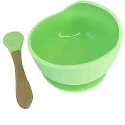 Силиконовая тарелка на присоске Mega Zayka с деревянной ложкой MGZ-0103 (Green)