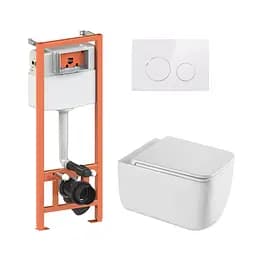 Подвесной унитаз Qtap Gemini Ultra Quiet + инсталляция Qtap Nest 4 в 1 (круглая клавиша White), Белый