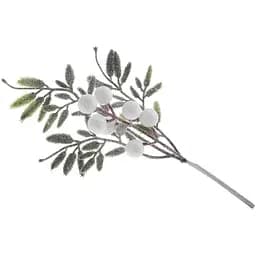 Декоративная глиттерная ветка с зелеными листьями и белыми ягодами 35 см