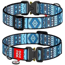 Нашийник для собак Waudog Nylon нейлоновий з QR паспортом малюнок Етно синій Розмір XXL