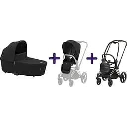 Люлька Cybex Priam Lux Sepia Black + Текстиль для прогулянкового блоку Cybex Priam Sepia Black + Шасі Cybex Priam з каркасом LS RBA Rosegold
