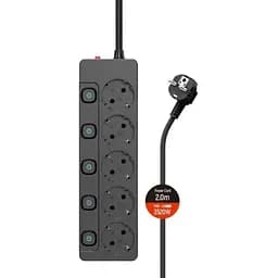 Фільтр мережевий ColorWay, 5 розеток, 2 м, Black, 16А, до 3.5 кВт, індивідуальний вимикач, заземлення, 3x1.5 мм2 (CW-PSEA52SBK)