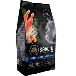 Сухой корм Savory для длинношерстных кошек со свежим лососем и белой рыбой 400 г