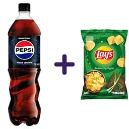 Набір: напій безалкогольний сильногазований на ароматизаторах безкалорійний Пепсі нуль цукру з підсолоджувачами 0.75 л + чипси Lay's зі смаком зеленої цибулі 120 г