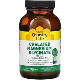 Глицинат магния Country Life Chelated Magnesium Glycinate 400 mg, 90 таблеток для поддержания сердца и мышц