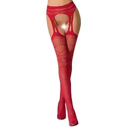 Еротичні колготки-бодістокінг Passion S020 red імітація ажурних панчох з високим поясом S/M/L