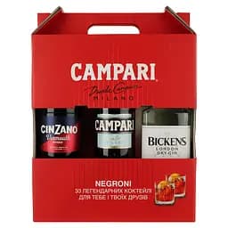 Подарунковий набір Campari Negroni Perfect Kit: Настоянка Campari 25% 1 л + Вермут Cinzano Rosso 15% 1 л + Джин Bickens 40% 1 л