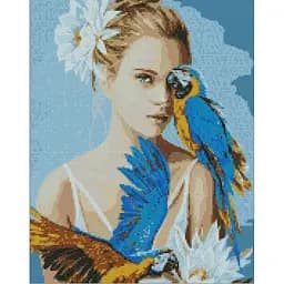Алмазна мозаїка Ideyka Дівчина з блакитними папугами Ira Volkova 40х50см (AMO7208)