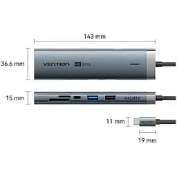 Док-станція USB3.2 Type-C --> HDMI 60Hz/USB 3.0/USB2.0/RJ45/SD/TF/PD 100W Hub 8-in-1 Vention - мініатюра 2