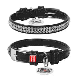 Ошейник для собак кожаный Waudog Glamour с QR-паспортом с украшением "Полотно стразы" XXS Ш 9 мм Д 19-25 см черный