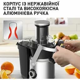 Соковитискач Tefal Nutri XXL відцентрований 1000 Вт чаша 0.8 л жмих 2.2 л жолоб на ціле яблуко пластик/метал чорно-сірий (ZE660D10) - мініатюра 13