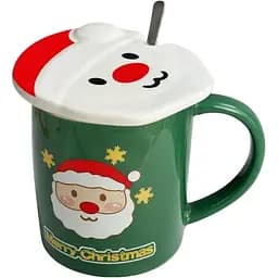 Новорічна чашка Olens 102-1059-2 Новорічна 2024 кераміка з кришкою та ложкою 380 мл Зелена