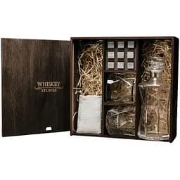 Подарочный набор виски Whiskey Stones с камнями для виски в деревянном пенале №3 + декантер и 2 стакана + щипцы + мешочек