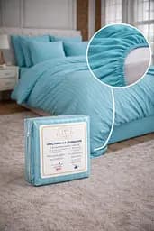 Комплект постельного белья евро с простыней на резинке 180х200+30 см Berratti бирюзовый сатин TC303376127