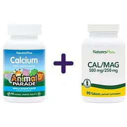 Набор: кальций для детей NaturesPlus Animal Parade Ваниль 90 жевательных таблеток + минеральный комплекс Nature's Plus Кальций и Магний 500 мг/250 мг 90 таблеток