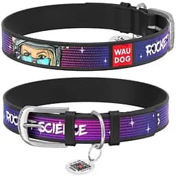 Ошейник для собак Waudog Design кожаный с QR паспортом рисунок Космос XS