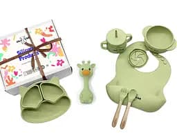 Набір силіконового дитячого посуду Cheeks для прикорму на присосках із харчового силікону оливковий з гризунком прорізувачем-брязкальцем Жираф