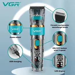 Машинка для стрижки VGR V 695 / Акумуляторна машинка для стрижки волосся + 6 насадок, з USB / Бездротовий тример для стрижки - мініатюра 3