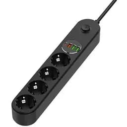 Фильтр сетевой ColorWay, 4 розетки, 2 м, черный, 1xType-C (45 Вт, PD3.0), 1xUSB (30 Вт, QC3.0), 2xUSB (12 Вт), провод из меди (до
