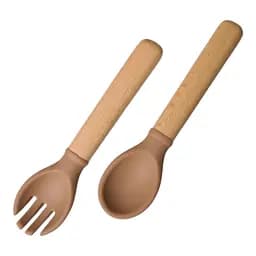 Приборы силиконовые детские OldBro ложка и вилка с деревянной ручкой, brown